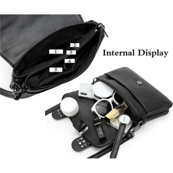 New Women Studded Crossbody Purse Black Skull Handbag - Picture 4 of 8